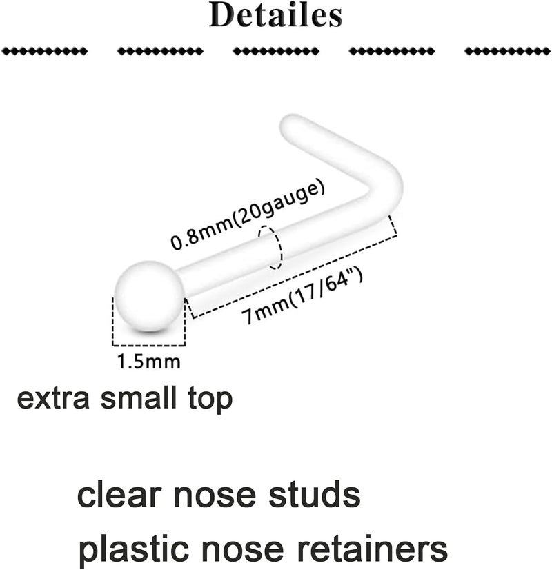 QWALIT 20g 18g Clear Nose Studs for Work Clear Nose Rings for Work Clear Nose Piercing Plastic Nose Rings for Surgery Invisible Nose Ring Retainer Clear Nose Ring Spacers Nose Retainers - Image 2